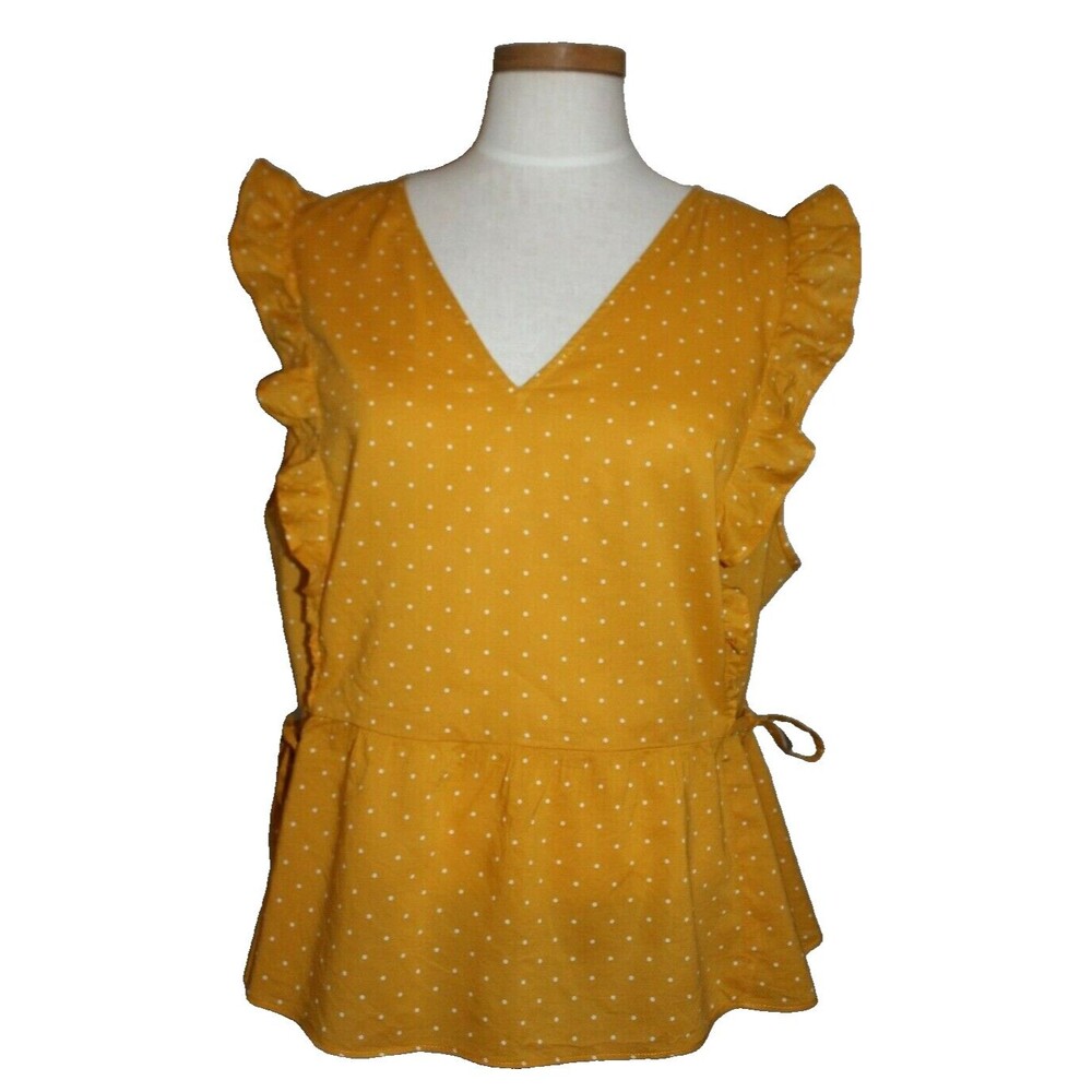 Madewell Ruffle Top In Polka Dot Size XL Peplum Sleeveless Yellow Side Tie